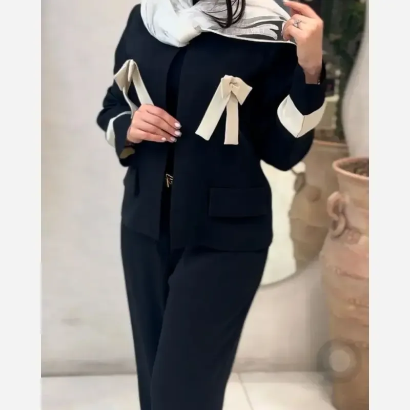 کت شلوار زنانه مجلسی پارچه مازراتی دبل سایز بزرگ و معمولی مدل پاپیون